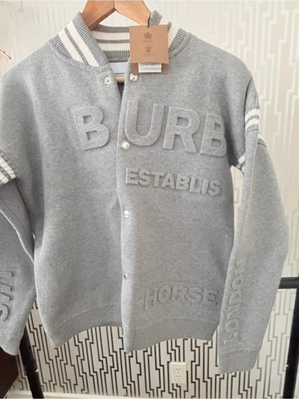 Burberry Light Grey Embossed Logo Varsity Bomber Jacket